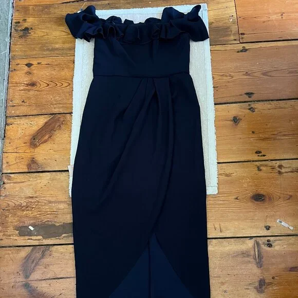 xscape navy blue dress Tina Mikado Off the Shoulder Overlay Floor Length Dress main image 0